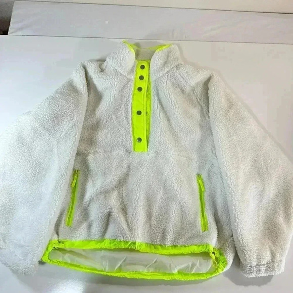 American Eagle White Fleece Sherpa Large NWT Neon Snap Pullover Yellow Green 90s - Picture 2 of 10